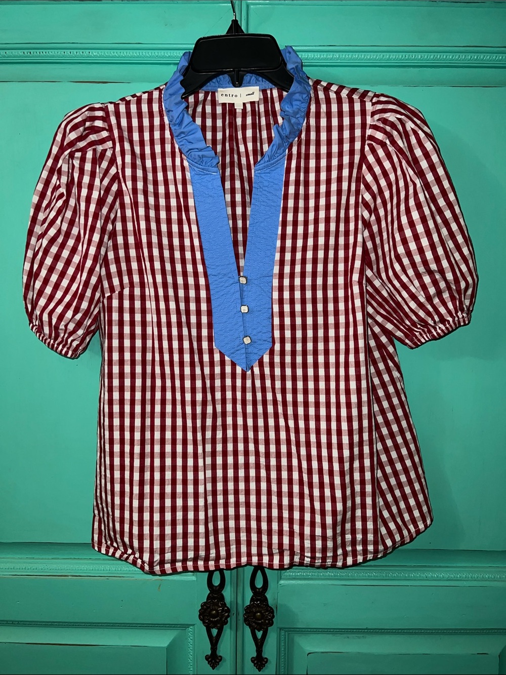 Entro Red & White Gingham Puff-Sleeve Blouse with Blue Ruffle Placket